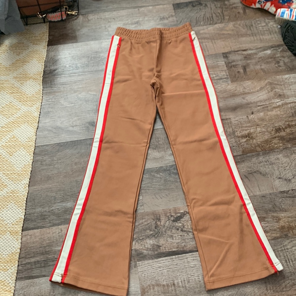 Maeve Brown Flare Pants with Red and White Stripes